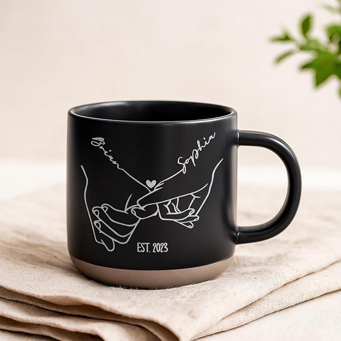 Personalized Holding Hands Couple Pottery Mug 12oz, Minimalist Line Art Engagement, Wedding & Anniversary, Custom Names and Date Handmade Ceramic Coffee Mug