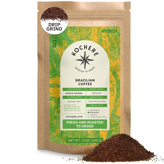 Brazilian Santos Medium Roast Coffee Beans - Single Origin Arabica Coffee Beans, Freshly Roasted to Order, Ground Coffee Low Acid with Smooth Cocoa Notes, Specialty Grade and Fair Trade - 12 oz