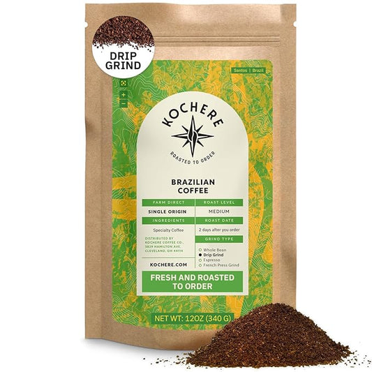 Brazilian Santos Medium Roast Coffee Beans - Single Origin Arabica Coffee Beans, Freshly Roasted to Order, Ground Coffee Low Acid with Smooth Cocoa Notes, Specialty Grade and Fair Trade - 12 oz
