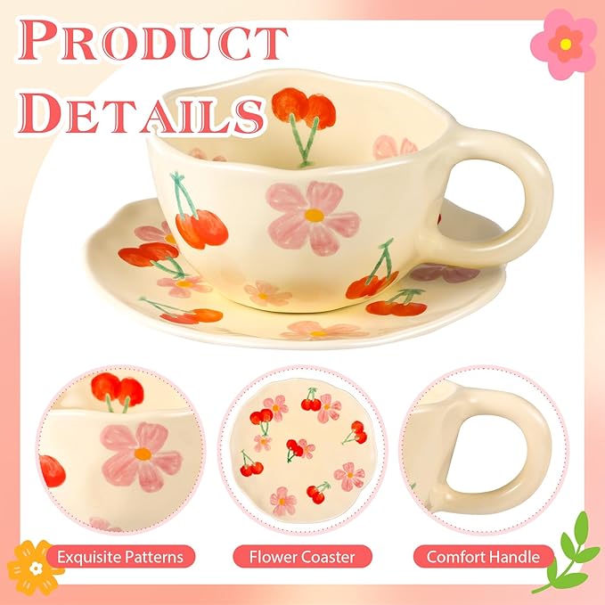 MAKCNMYM Cappuccino Cup with Saucers Set of 4 Ceramics Coffee Mugs 8 oz Latte Art Cup Vintage Aesthetic Flower Barista Cups for Americano, Tea, Espresso,Mocha, Milk - Microwave and Dishwasher Safe