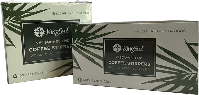 10,000 Count | KingSeal Bamboo Coffee Stirrers, Stir Sticks, 5.5 inches, Square End, 100% Renewable and Biodegradable - 10 Boxes x 1000 Stirrers