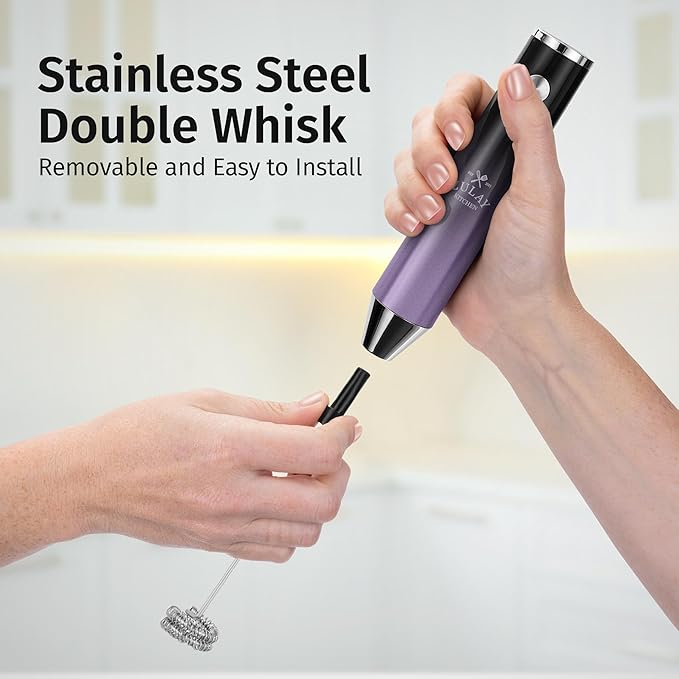 Zulay Kitchen Rechargeable Milk Frother Handheld Lux - Powerful 2-Speed Motor, Waterproof, 2000mAh Battery - Drink Mixer for Latte, Cappuccino, Matcha & Protein Powder - Black Purple