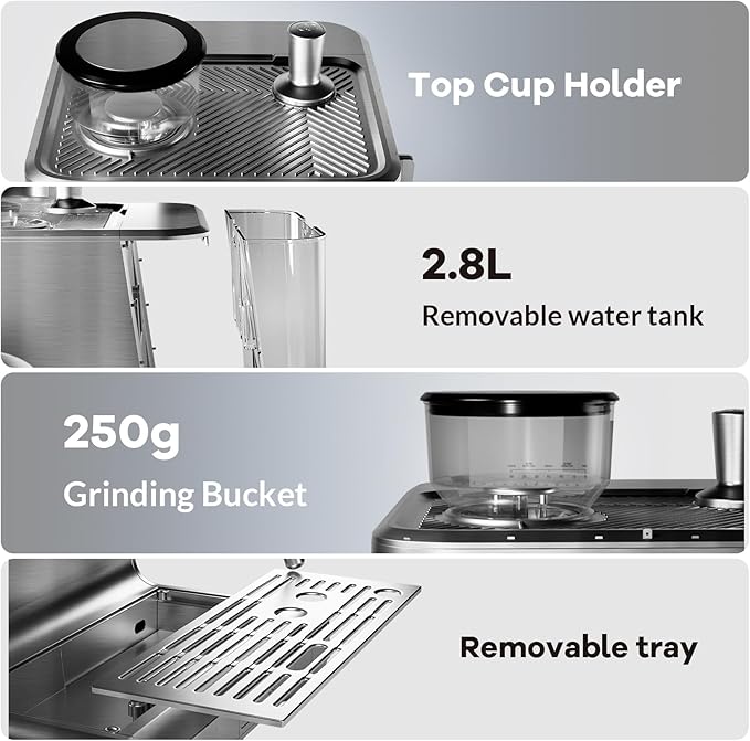 Espresso Machine with Grinder, 20 Bar Semi-Automatic Coffee Maker with Milk Frother Steam Wand, PID Temperature Control, 95 OZ Water Tank, for Cappuccino, Latte, Macchiato, Home Barista, Light Gray
