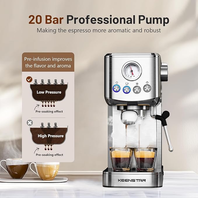 KEENSTAR Espresso Machine 20 Bar, Cold Brew Espresso Maker with Milk Frother Steam Wand, Compact Stainless Steel Semi Automatic Espresso Coffee Machine for Cappuccino & Latte & Americano Maker