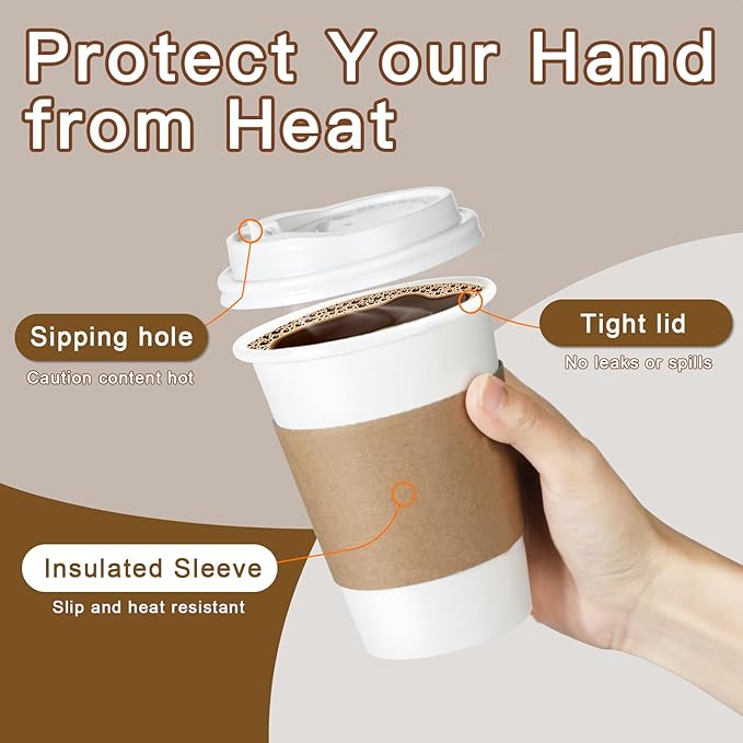 120 Pack 12 oz Paper Coffee Cups Set, Disposable White Coffee Cups with Lids, Sleeves and Stirring Sticks, Fit For Cold and Hot Drinks