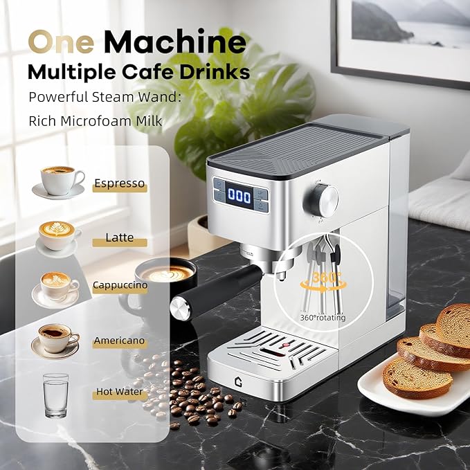 GarveeHome Compact 20 Bar Espresso Machine–Stainless Steel, Steam Milk Frother, Removable Tank for Cappuccino/Latte,(Silver)