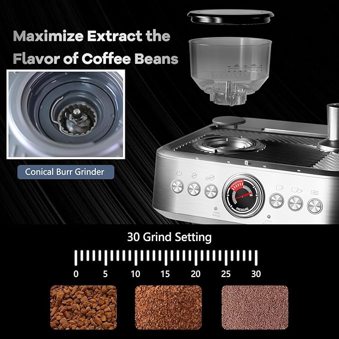 20 Bar Espresso Machine with Grinder & Milk Frother, Coffee and Espresso Maker Combo, All-in-One Espresso Coffee Machine for Cappuccino Latte, 30 Grind Settings, PID Control, 2.8L Removable Water Tank