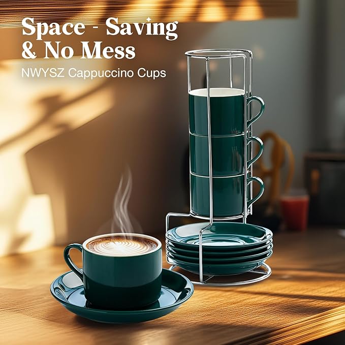NWYSZ 5 Ounce Green Porcelain Stackable Espresso Cups with Stainless Steel Holder, Set of 4, Durable Ceramic, Perfect for Home, Office or Gift