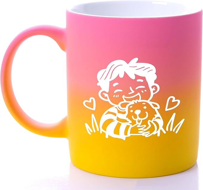 G MUGS Dog Lover Ceramic Coffee Mug - 13oz Ceramic Tea Mug with Kid & Puppy Hug Design, Gift for Men Boys Dog Enthusiasts Yellow And Pink Mug