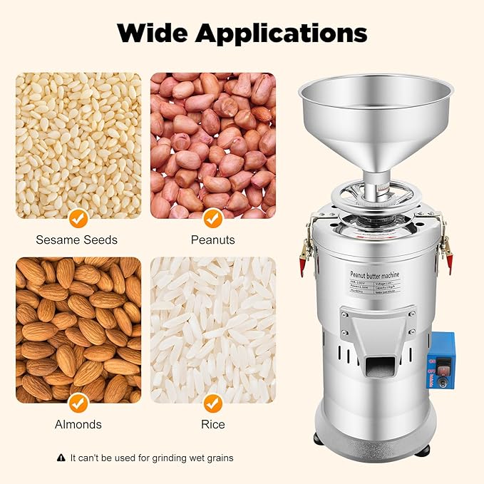 110V Peanut Butter Maker Machine 1100W Household/Commercial Electric Grain Grinder, Sesame Sauce Grinder Low Noise High-Speed Grinding for Dry Ingredients like Herbs Spices Coffee Corn Beans