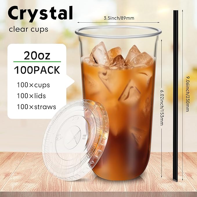 100 Set 20 oz Clear Plastic Cups with Lids and Straws, Disposable Iced Coffee PET Cups for Drinking Cold Beverage Juice Parfait Smoothie Milkshake Coffee Shops Party Supplies