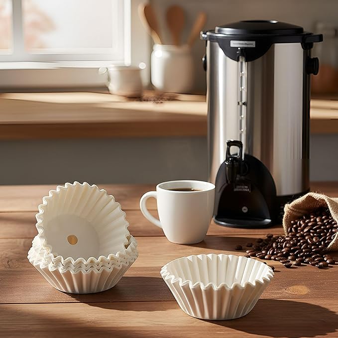 Feifeiya 100 Pcs Pre-punched Holes Coffee Filters for 30cup 45cup 100 Cup Coffee Urn Brewing Basket & Hot Beverage Dispenser Disposable Natural Wood Pulp Paper Filters with Tall-sided Design(White)