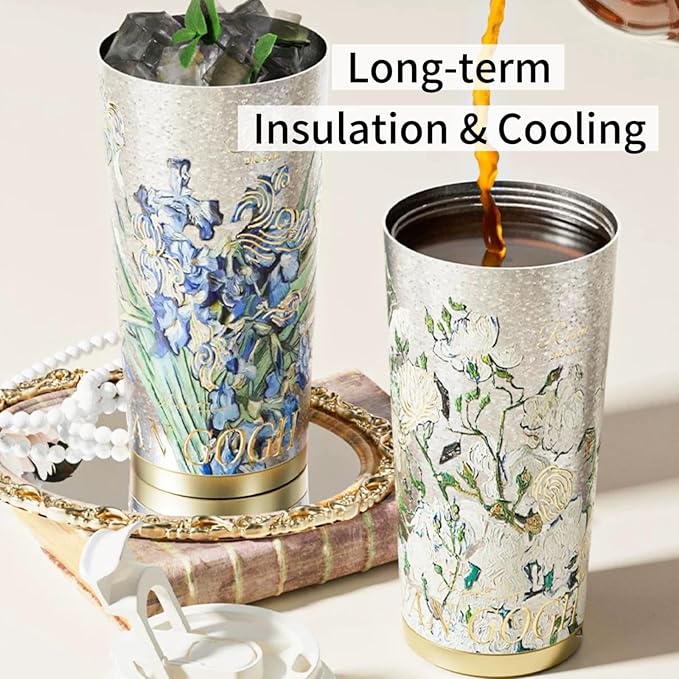 JWANGYUDG-100% Fully Titanium 17.5 oz Mug, 12-hour Thermal Insulation Coffee Mug, Artistic Travel Coffee Mug, Reusable Coffee Cup (Irises)
