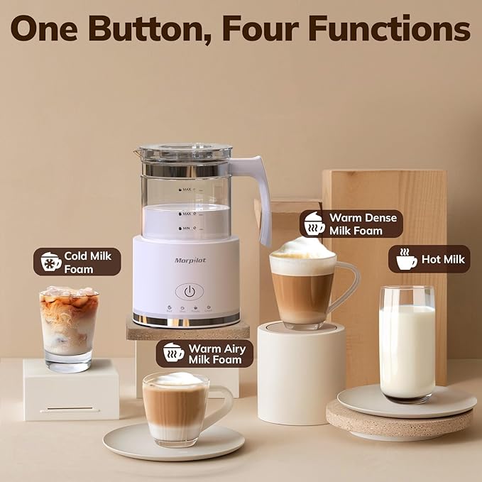 Electric Milk Frother and Steamer, 16.9oz/500ml Milk Steamer and Frother for Latte, Dishwasher Safe, BPA Free, 4 Functions, Enjoy Perfect Milk Froth in 2 Min - White