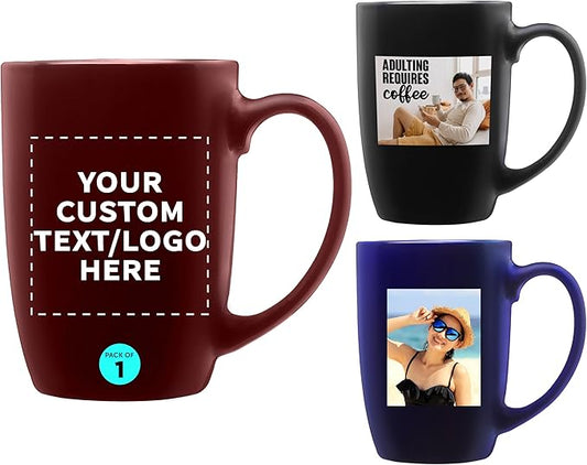 DISCOUNT PROMOS 1 Large Mocha Glossy Ceramic Coffee Mugs Set, 16 oz. - Customizable Text, Logo - Stoneware, Smooth, Durable, C-handle - Maroon