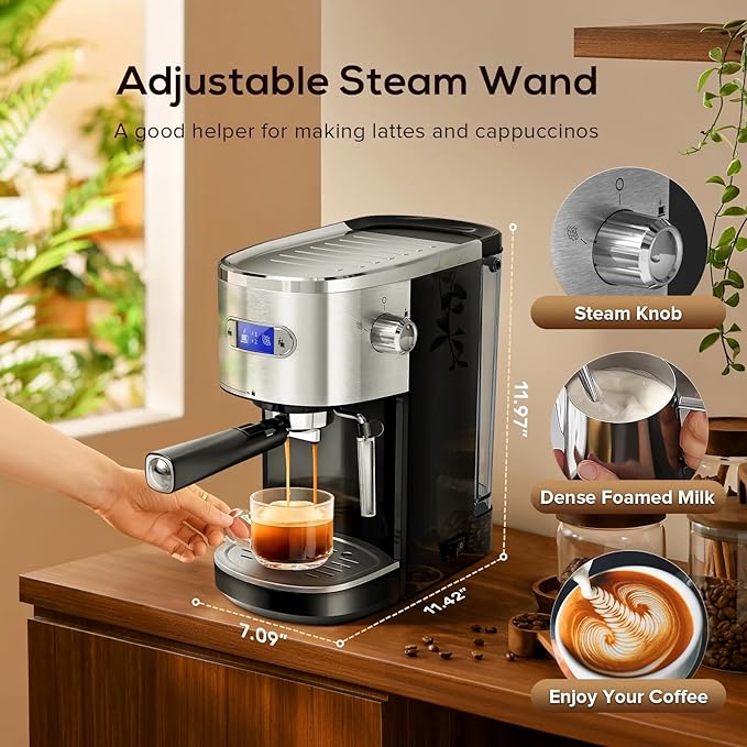 Xbeauty Espresso Machine 20 Bar, Semi-Automatic Professional Coffee Machine for Cappuccino & Latte with Milk Frother Steam Wand,LCD Display,45 oz Removable Water Tank,NTC Digital Temp Control,Black