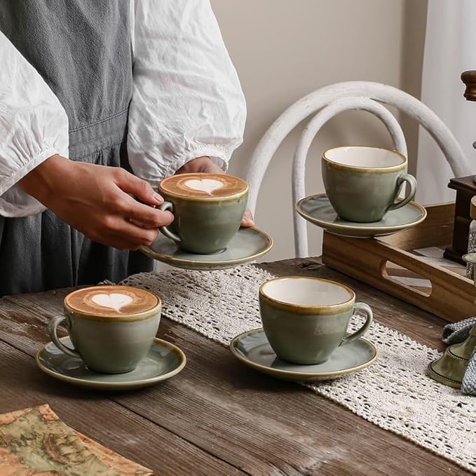 SHUER Ceramic Latte Coffee Cup Set of 4, 7.8 Oz Tea Cup and Saucers Sets,Glaze Americano Cups and Macchiato Coffee Cups,Low Tea Time Mug Set Great for Party (Light Cyan 220ML)