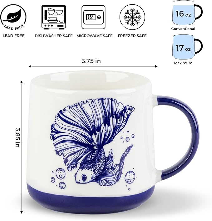 AmorArc Large Coffee Mugs Set of 4, 16oz Ceramic Coffee Cups with Sea Life Patterns for Tea Latte Cocoa. Easy to Hold&Clean, Dishwasher&Microwave Safe, Blue&White