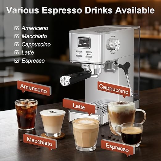 Espresso Machine 20 Bar, Compact Espresso Coffee Machine with Steam Milk Frother & 47oz Removable Water Tank, Hot Water Function for Home Cappuccino, Latte