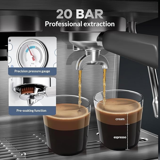 20 Bar Espresso Machine with Grinder & Milk Frother, Coffee and Espresso Maker Combo, All-in-One Espresso Coffee Machine for Cappuccino Latte, 30 Grind Settings, PID Control, 2.8L Removable Water Tank