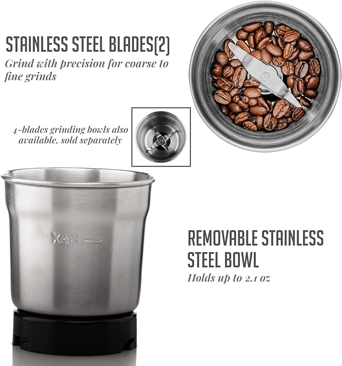 OVENTE Electric Coffee Grinder, 200W Powerful Coffee Bean & Spice Grinder with 2.1 Oz Removable Grinding Bowl, Stainless Steel Blade, Push Power Button, Transparent Lid & Anti-Skid Feet, Silver CG620S