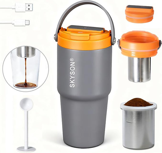 Fast Extraction Mini Electric Espresso Coffee Maker - Portable Filter Coffee Brewer for Travel,Insulated Stainless Steel Tumbler,20 oz Reusable Iced Coffee Cup Machine,Hot Coffee Mug with Lid(Grey)