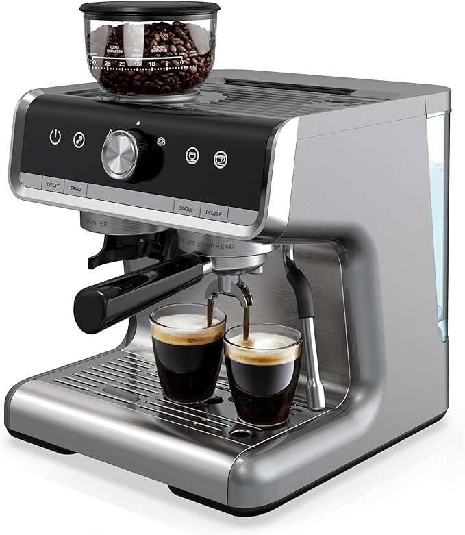 Espresso Machine with Grinder, 20 Bar Semi-Automatic Coffee Maker with Milk Frother Steam Wand, PID Temperature Control, 95 OZ Water Tank, for Cappuccino, Latte, Macchiato, Home Barista, Light Gray