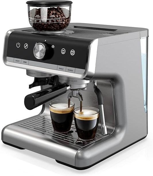 Espresso Machine with Grinder, 20 Bar Semi-Automatic Coffee Maker with Milk Frother Steam Wand, PID Temperature Control, 95 OZ Water Tank, for Cappuccino, Latte, Macchiato, Home Barista, Light Gray
