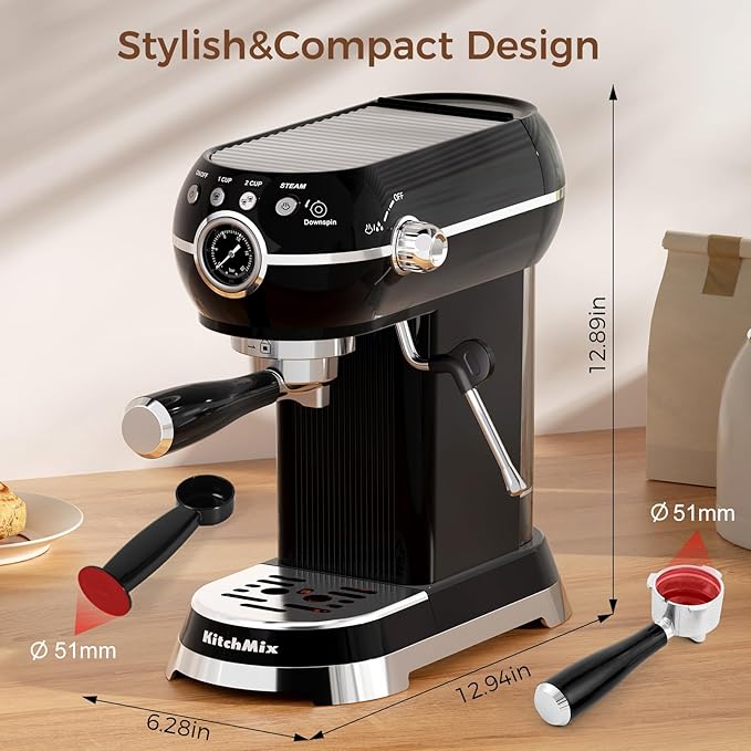 Espresso Machine with Milk Frother ，20 Bar Stainless Steel Espresso Maker with Milk Frother Steam Wand, Espresso Coffee Machine with Removable Water Tank (Black)