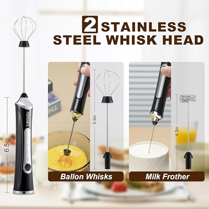 Rechargable Milk Frother, Handheld Drink Mixer with Whisk Attachment, 2025 upgraded powerfull 3 speed motor, Type C charging with charge light, with extra egg mix head (Black with Stand)