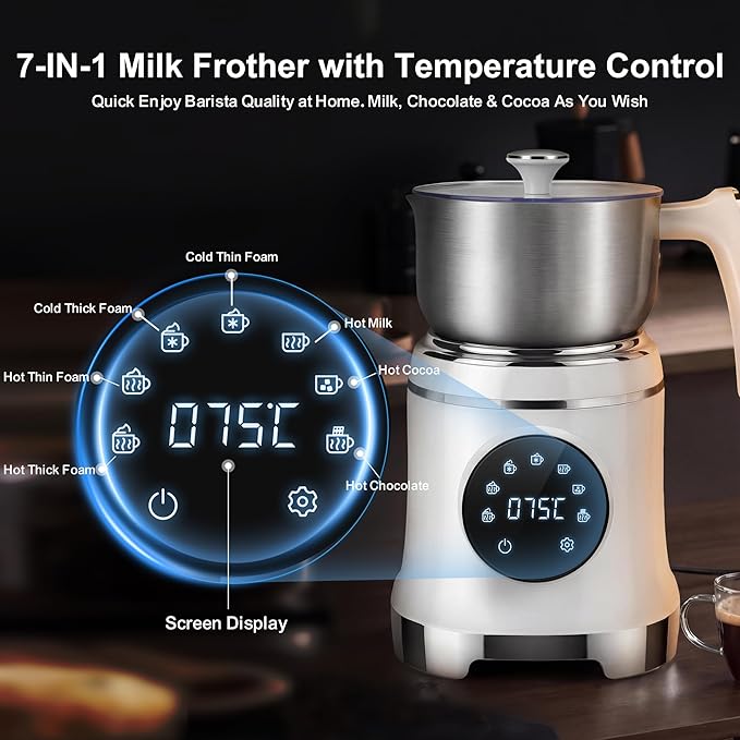 VIPDIGI 7-IN-1 Milk Frother, 20.3 OZ Milk Frother and Steamer with Temperature Control Stainless Steel Electric Milk Frother Dishwasher Safe Hot and Cold Foam for Latte Hot Chocolate Cocoa (White)