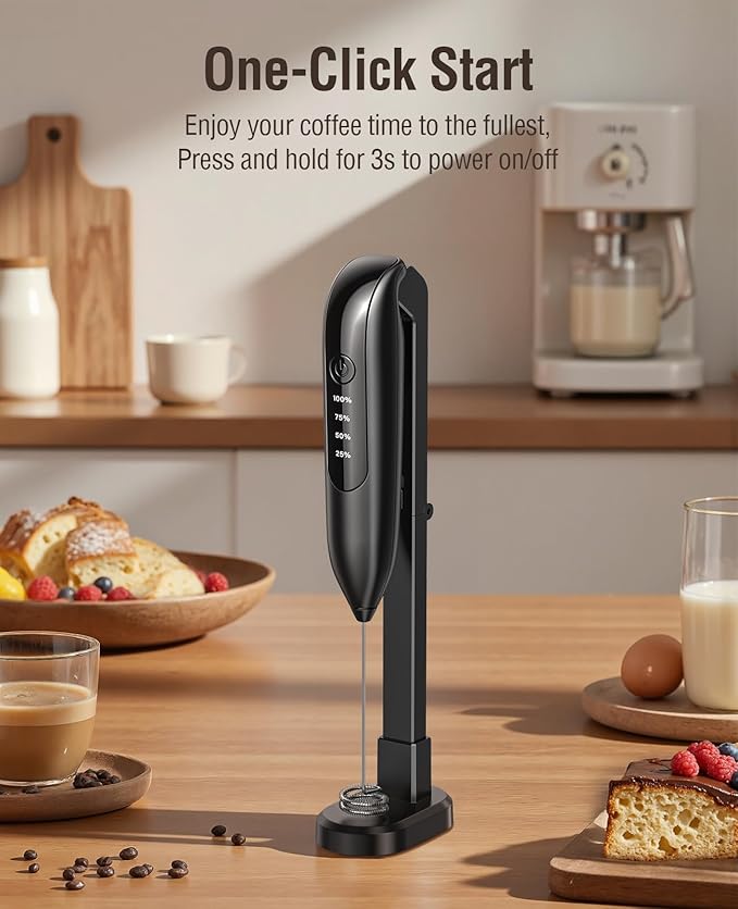 Dynooper Electric Milk Frother Handheld: Rechargeable 3 in 1 - LED Digital Display with 3 Speeds Portable Stainless Steel Drink Foam Mixer for Milk Coffee, Lattes, Cappuccino, Matcha - Matte black
