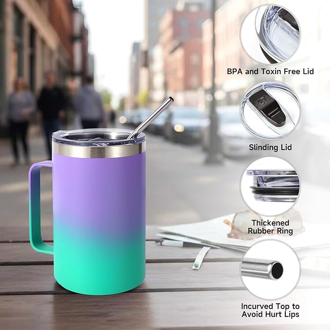 Volhoply 16oz Insulated Coffee Mug with Lid and Straw, Stainless Steel Travel Mugs with Handle, Double Wall Vacuum Leak Proof Coffee Tumbler Cup (Mixed,2)