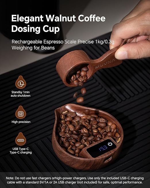 Digital Dosing Cup with LED Display - Mini Rechargeable Wood Coffee Bean Scale Cup and Spray Bottle Kit, Kitchen Measuring Accessory for Espresso, Tea, Coffee Lover Gifts, Walnut
