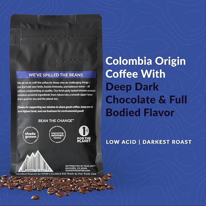 Peak State Coffee with Benefits - Mushroom Coffee Organic Beans - STRESS LESS Dark Roast Adaptogen with Reishi & Chaga - Mold Free, Mycotoxin Free,Vegan, Paleo, Dairy Free, Gluten-Free, Non-GMO (12 oz Bag, Whole Bean - $1.13/cup)
