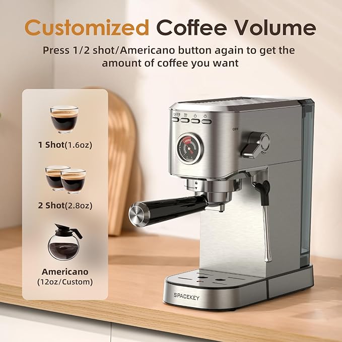Spacekey Espresso Machine 20 Bar, 1350W Expresso Coffee Machines with Milk Frother, Compact Stainless Steel Espresso Maker with 39oz Removable Water Tank for Cappuccino, Latte, Americano, Silver