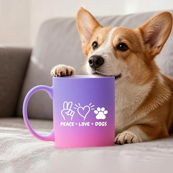 G MUGS Dog Lover Coffee Mug - Gift for Women Men,13oz Ceramic Tea Mug with Peace Love Dogs Design, Cute Paw Print & Heart Mug for Dog Owners Yellow And Pink Mug