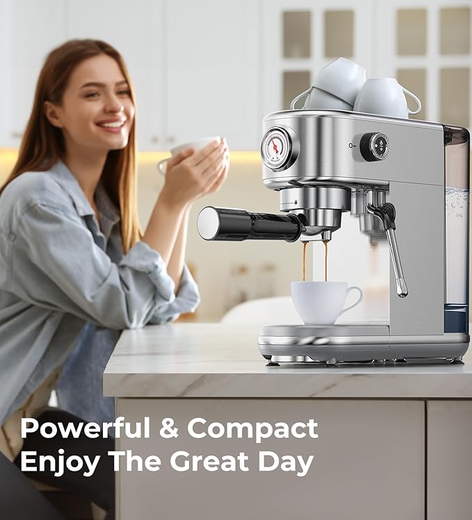Espresso Machine with Milk Frother, 20 Bar Pressure Espresso Maker, Automatic & Manual, Compact Stainless Steel Coffee Machine for Cappuccino, Latte, Gift for Coffee Lover, Dad or Mom, Silver