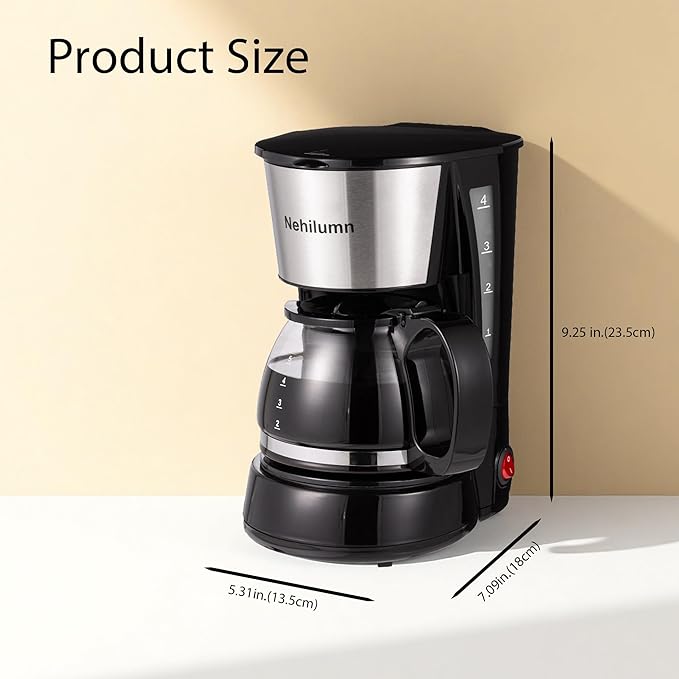 Nehilumn 4 Cups Drip Coffee Maker, Coffee Pot Machine Permanent Coffee Filter, Mini,20Oz Electric Coffee Maker,650W Black and Stainless Steel