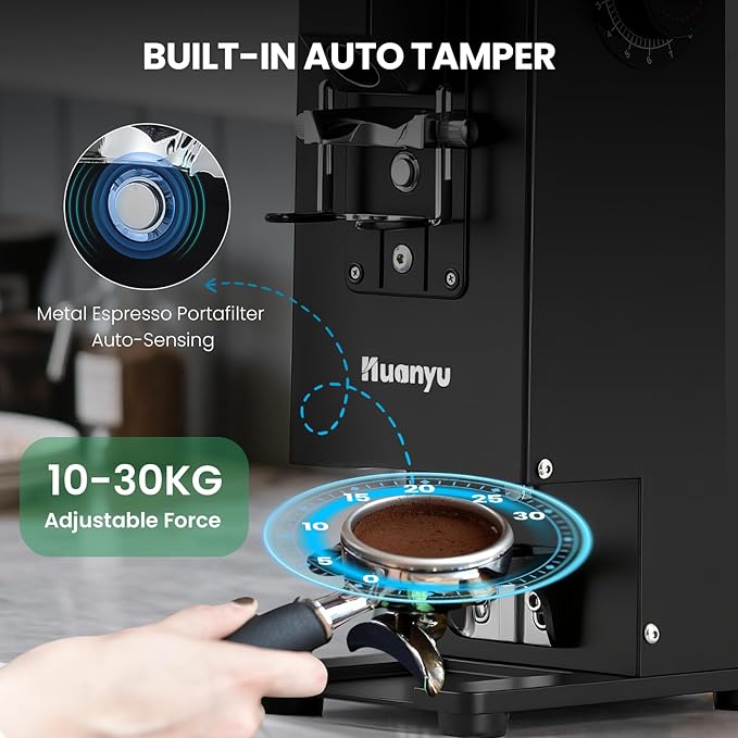 Huanyu Commercial Coffee Grinder, Built-In 58mm Auto Tamper, 64mm Flat Burr, Anti-Flying Grounds Outlet, 35OZ Hopper, 14 Grinding Settings, Smart Buttons for Cafés
