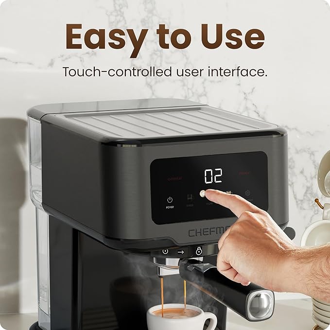 Chefman CraftBrew Espresso Machine, 15-Bar Pump Digital Espresso Maker w/Steam Wand for Latte & Cappuccino, Compact Espresso Coffee Machine w/ 1.5L Removable Water Reservoir - Black