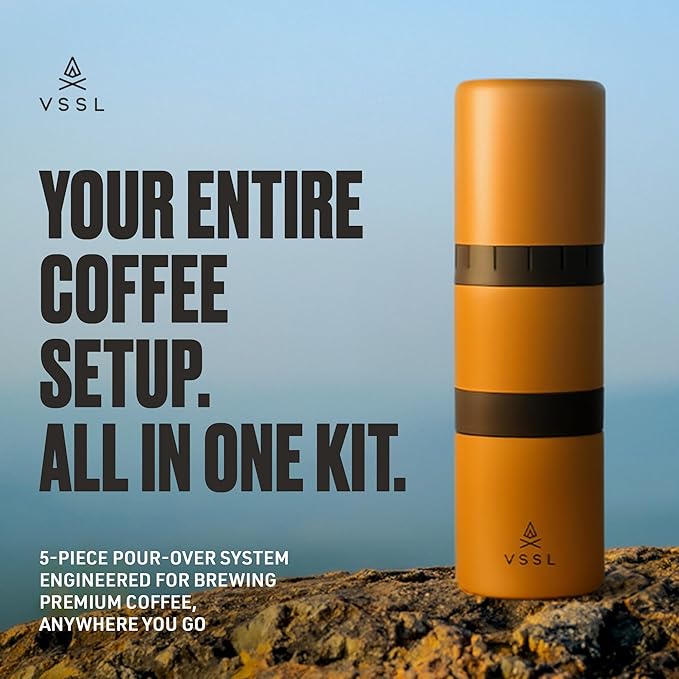 VSSL - Nest Pour Over Coffee Kit + Java G25 Bean Grinder Bundle | Coffee for Camping | Pour Over Dripper | Two 10oz Stainless Steel Travel Mugs | Sahara/Carbon