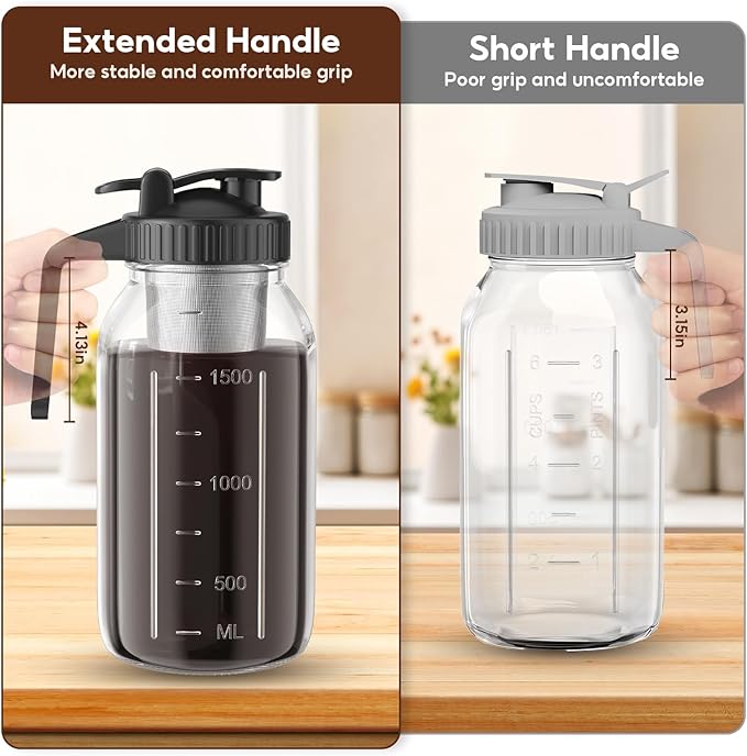 AHOMSEL Cold Brew Coffee Maker Jar - 2 Pack 64 oz/32 oz Glass Cold Brew Maker with Handle, Stainless Steel Filter & Leak-Proof Lid, Heavy Duty Cold Brew Pitcher for Iced Coffee, Sun Tea, and Milk
