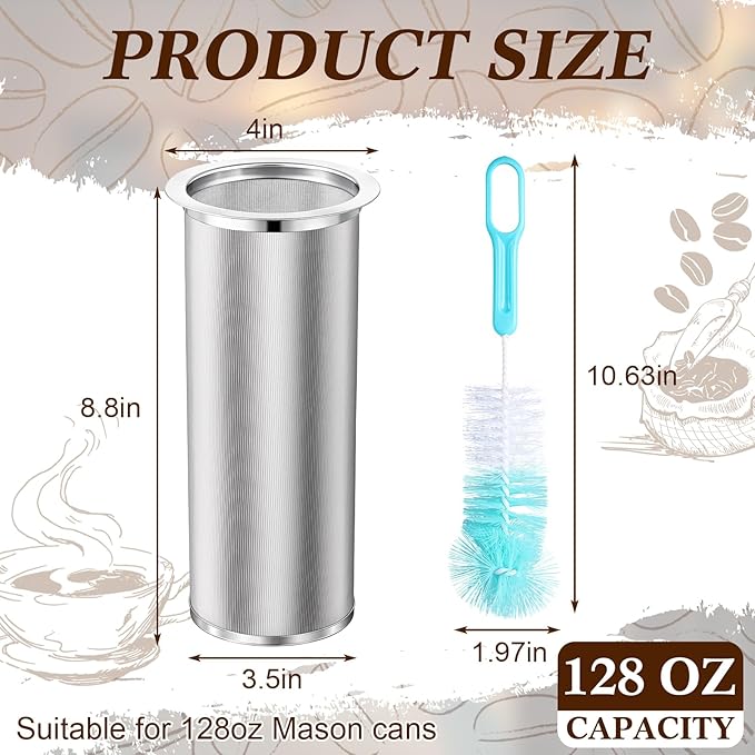 Cold Brew Coffee Filter for 128 oz Mason Jar Fine Mesh Reusable 304 Stainless Steel Food Grade Cold-brew Strainer with Sealing Ring for Iced Drink Fruit Tea Cold Brew Coffee Maker