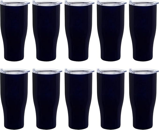 DISCOUNT PROMOS 10 Stainless Steel Grip Travel Mugs Set, 27 oz. - Vacuum Insulated, Plastic Lid - Blue
