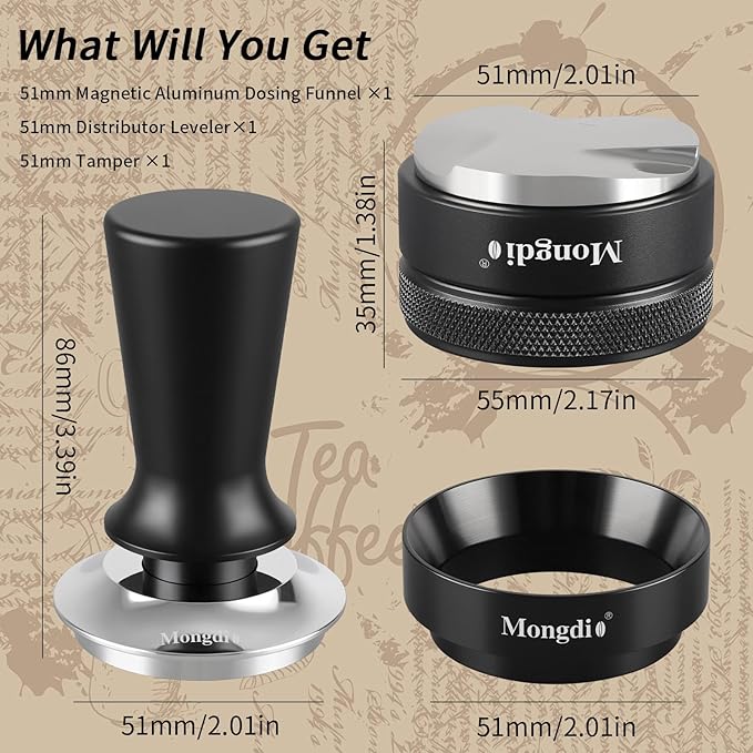 Mongdio 51mm Espresso Accessories Kit, Espresso Tamper, Dosing Funnel and Coffee Distributor, Fits 51 mm Espresso Machines and Portafilters