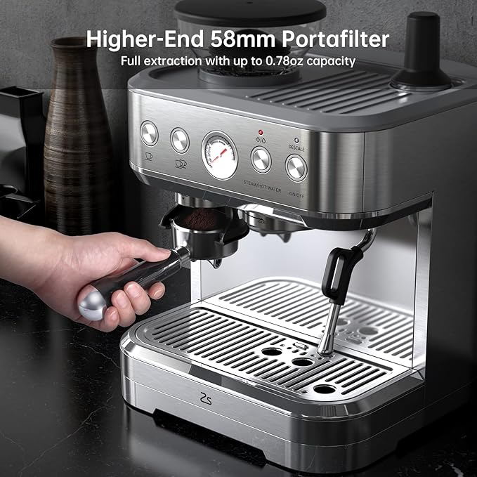 IDEALHOUSE Espresso Machine 3-in-1, Built-in Grinder and Milk Frother, Stainless Steel, 20 Bar Latte and Cappuccino Espresso Coffe Machine w/Automatic Milk Frothe & 95 Oz Water Tank for Office Cafe