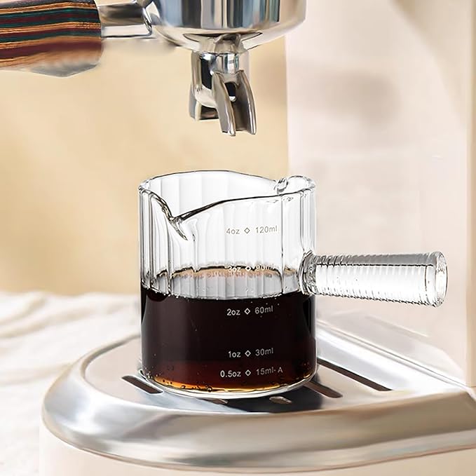 Espresso Cups Set of 2, 4 OZ Glass Double Spouts Cups, Shot Glasses, Milk Cup with Glass Handle for Dishwasher Safe, Espresso Accessories for Machine, Demitasse Cups, Small (Clear)