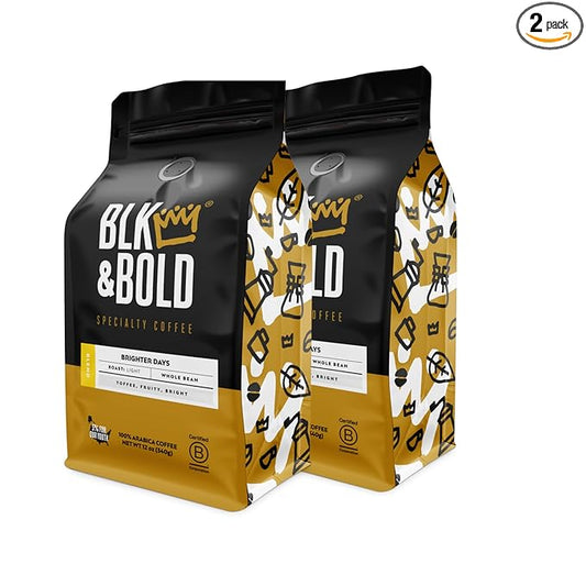 BLK & Bold Whole Bean Coffee, Brighter Days Premium Light Roast, 100% Arabica Beans, 12 oz Bag (2 Pack)