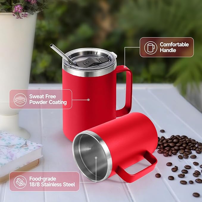 Volhoply 16oz Insulated Coffee Mug with Lid and Straw, Stainless Steel Travel Mugs with Handle, Double Wall Vacuum Leak Proof Coffee Tumbler Cup (Red,1)
